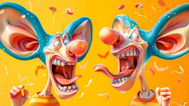 Two funny cartoon characters are laughing and having fun, their big ears and tongues out on a vibrant yellow background