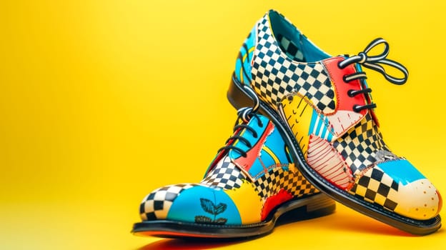 Vibrant, mismatched pair of oxford style shoes with a checkered pattern and colorful accents is standing on a bright yellow background