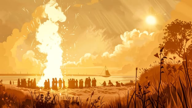 People gathering around a bonfire on the beach at sunset, celebrating summer solstice. Laughter and joy fill the air as the community comes together in this ancient tradition