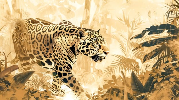 Majestic jaguar prowls through a lush jungle, embodying power and grace in its natural habitat