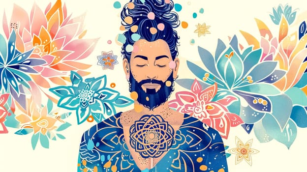 Illustration of a young man meditating with closed eyes, surrounded by colorful flowers and mandala patterns, evoking peace and spirituality