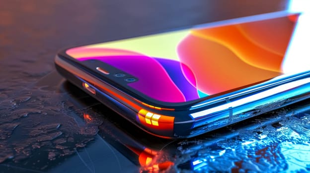 Modern smartphone with rounded corners and triple camera array is showing a colorful abstract image on its screen and reflecting on a shiny surface