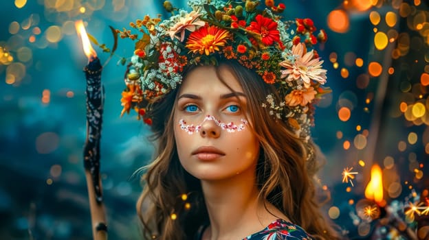 Young woman with blue eyes and a flower crown holds a torch in a magical forest at night, creating a dreamy, romantic, and ethereal atmosphere perfect for a summer festival