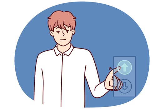 Man presses up button while riding in elevator for concept of ambitious striving for progress and career advancement. Ambitious guy wants to move up by getting new position or increasing income.
