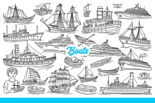 Sea vessels and boats or ships floating in ocean due to motor or wind force. Boy is interested in collecting toy ships and launches or yachts traveling along rivers and lakes. Hand drawn doodle