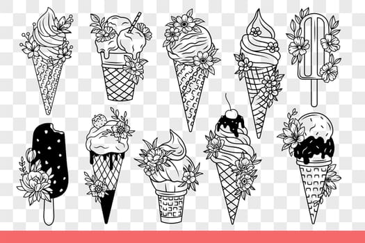 Sweet ice cream on stick or in waffle cup is decorated with summer flowers. Delicious dessert ice cream made from natural milk to quench thirst and hunger in hot weather. Hand drawn doodle