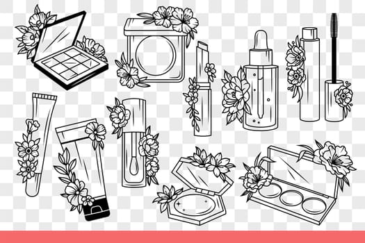Cosmetics for makeup and skin care or creating fashionable feminine look. Cream and eye shadow or lipstick with powder decorated with flowers, from cosmetics store. Hand drawn doodle