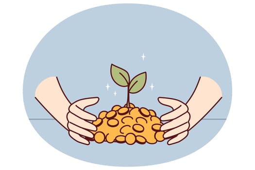 Hands with gold coins and growing tree symbolizing dividends on accumulated capital and profitable investment. Gold with green leaves as metaphor for financial literacy and ability to invest or trade