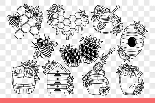 Bee making honey near honeycombs and nest or jars with barrels filled with syrup. Honey from fresh harvest, without added sugar, collected by beekeeper in apiary. Hand drawn doodle