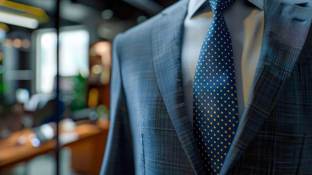 Close-up view of stylish suit with tie on empty modern office background. AI generated