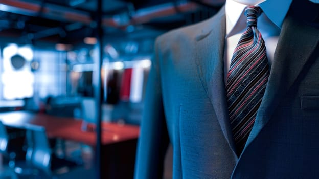 Close-up view of stylish blue suit on empty modern office background. AI generated