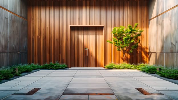 Fragment of a wooden facade of modern office with an entrance door. AI generated