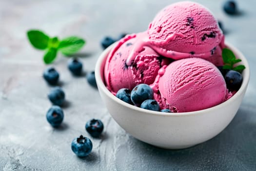Delicious ice-cream in a white bowl with a blueberries, close up view. AI generated