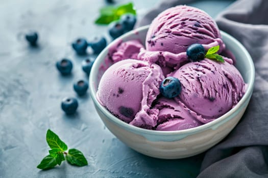 Delicious ice-cream in a bowl with a blueberries, close up view. AI generated