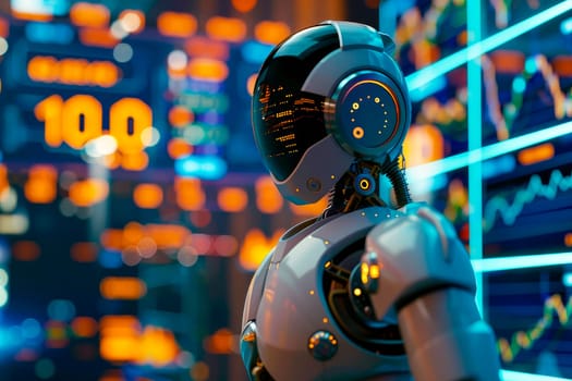 Humanoid robot analyze stock market. Using artificial intelligence to analyze business data. AI generated