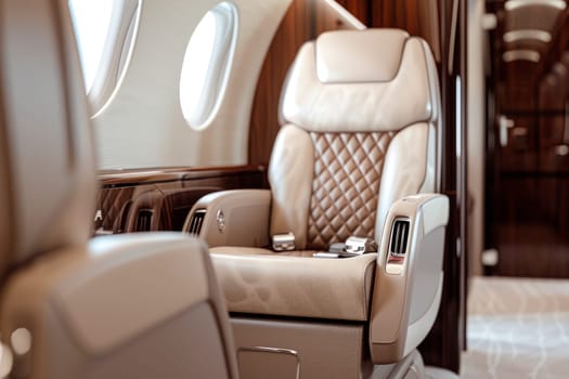 Luxury first class or business class suite on private airplane. Business comfort and eleglance chair when fly with airline. AI generated