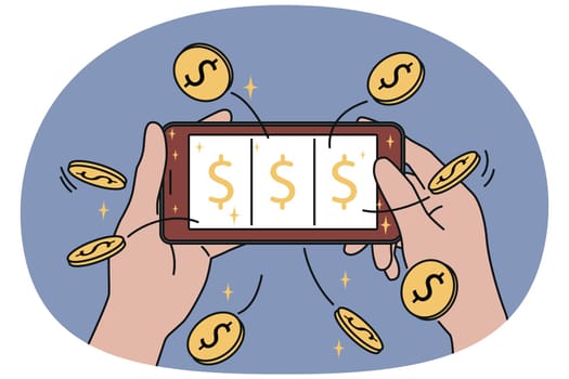 Mobile phone with online casino in hands of man, winning jackpot and big cash prize on website with slot machine. Gambling in smartphone with financial lottery or casino to test luck.