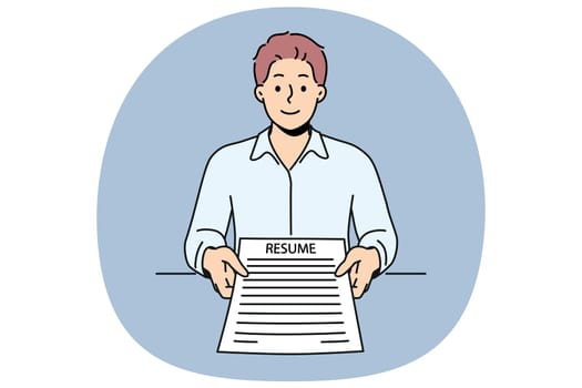 Man applicant with resume in hands came to interview in company to get desired job with high salary. Ambitious guy with resume recommends familiarizing yourself with skills and personal data
