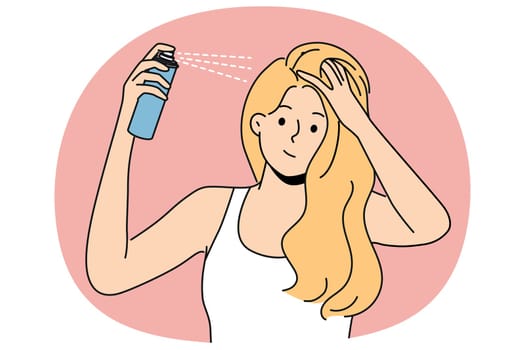 Woman puts hairspray on hair while preparing to go on date or party and wants to be most beautiful. Blonde girl uses cosmetic products for hair care, wanting to add splendor hairstyle