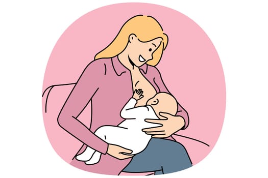 Woman breastfeeds infant and smiles, experiencing joy of motherhood after birth of first child. Happy mom sits on couch and breastfeeds baby, for concept of giving up artificial baby food