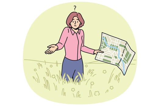 Lost woman with map stands in field and shrugs shoulders, not knowing where to go to find way home. Lost girl in business clothes is among tall grass, not understanding how to get out this situation