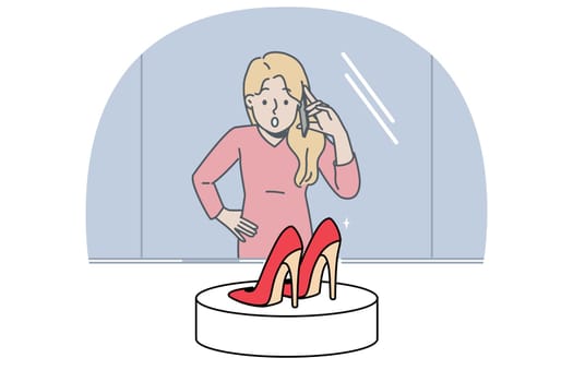 Woman looks at shop window with high-heeled shoes and dreams of updating wardrobe and going shopping. Girl is surprised to learn about discounts or promotions for purchase of shoes.