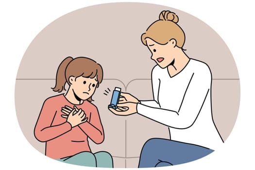Girl suffering from asthma sits near mother with inhaler during allergic attack that makes it difficult to breathe. Caring woman helping daughter cope with asthma taking care of health of minor child