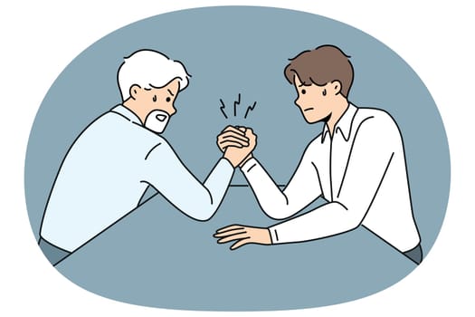 Competition of office workers of different ages doing arm wrestling to reveal strongest manager. Concept conflict between old and young employees of company and competition of experience against youth
