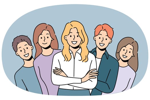 Group of businesspeople smiling and looking at screen professionally solving company problems. Confident young businesspeople are ready to help and provide crisis management services