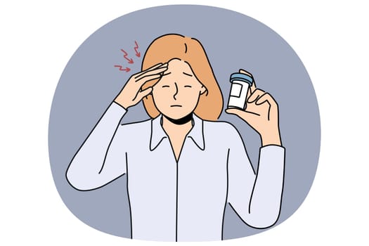 Woman suffers from headache and demonstrates package of medicines to cope with migraine. Girl with migraine or dizziness needs help of pharmacist and doctor due to termination of pills