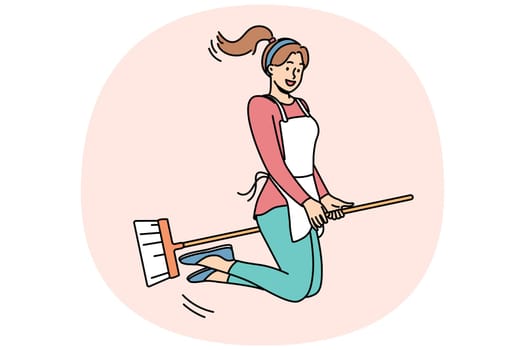 Happy woman flies on mop and smiles, for concept of joy from doing housework and cleaning apartment. Young positive girl housewife or maid sitting astride broom loves to do housework