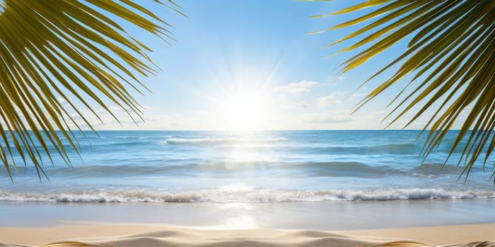 Idyllic tropical beach scene with palm trees, white sand, and turquoise ocean waves at sunset. Perfect for travel and vacation themes.