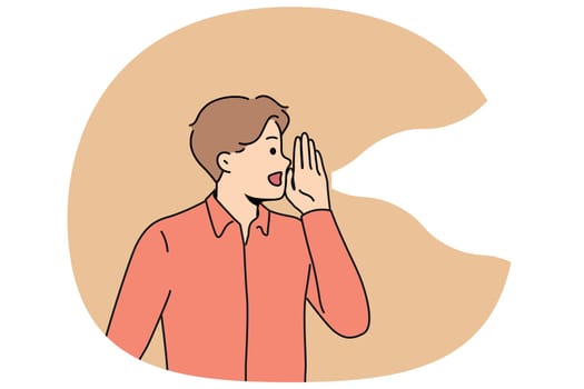 Man screams loudly putting hand to mouth instead gramophone to communicate important information or breaking news. Guy screams, notifying people about shopping promotions or beginning of black friday