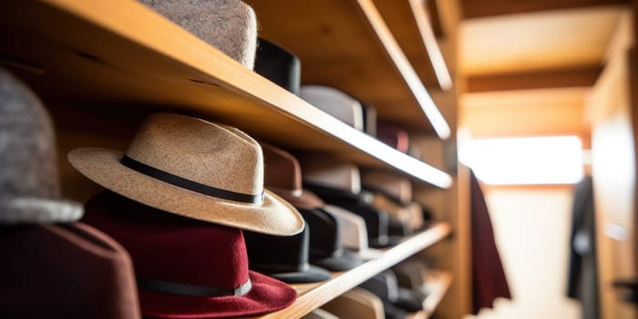 Collection of various hats displayed on shelves in a shop, offering a choice of styles and designs for customers.