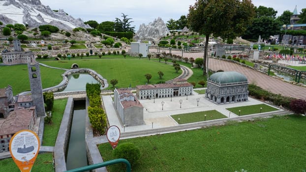 Viserba, Italy - June 25, 2024: Basilica di Santa Maria Maggiore in Bergamo at Theme park Italy in Miniature or Italia in Miniatura in Rimini, Italy - Reproduction of famous attractions in a small scale