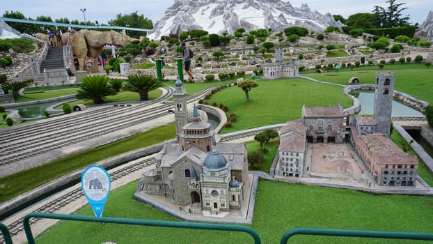 Viserba, Italy - June 25, 2024: Basilica di Santa Maria Maggiore in Bergamo at Theme park Italy in Miniature or Italia in Miniatura in Rimini, Italy - Reproduction of famous attractions in a small scale