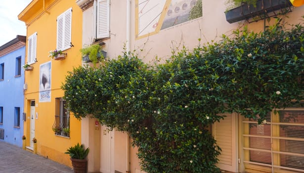 Rimini, Italy - June 25, 2024: Mural on wall at Borgo San Giuliano typical street with low and colorful houses at Rimini, Italy