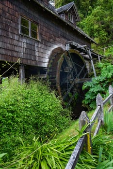 An old waterwheel in the city of Frutillar in the southern Lake District, the Los Lagos region of Chile, South America.