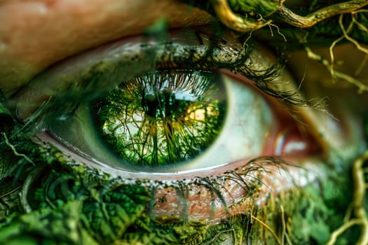 A surreal image of the human eye surrounded by green leaves and plants. Environment and wellness concept. AI generated