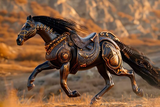 Metalic mechanized horse galloping in a deserted field, side view. AI generated