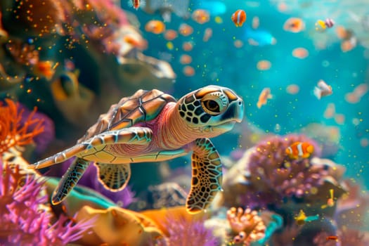 Underwater marine wildlife. A cute sea turtle floating over corals under water surface. AI generated