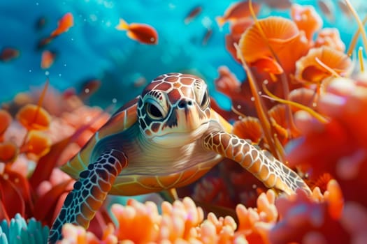 Underwater marine wildlife. A cute sea turtle floating over corals under water surface. AI generated