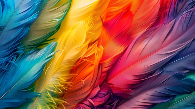 Colorful feathers background, rainbow colors. Feathers in LGBTQ colors, close up view. AI generated