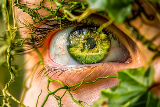 A surreal image of the human eye surrounded by green leaves and plants. Environment and wellness concept. AI generated