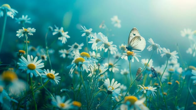 Butterfly in morning haze in a summer meadow with beautiful wild chamomile flowers. AI generated