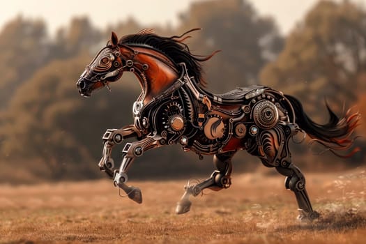 Metalic mechanized horse galloping in a field, side view. AI generated