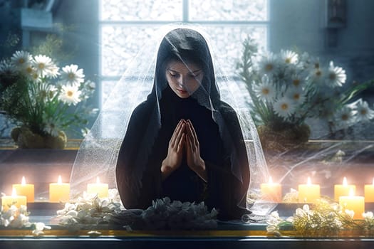 Woman praying at the alter, wearing a black dress. Ai generativ.