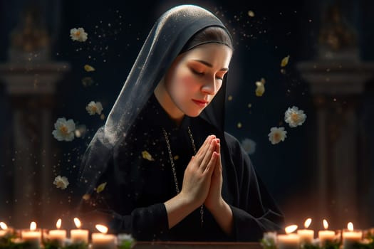 Woman praying at the alter, wearing a black dress. Ai generativ.