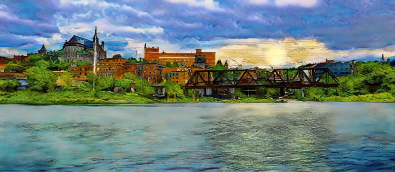 Sherbrooke river city downtown landscape painting Quebec Canada panoramic riverside Eastern Townships tourism destination illustration