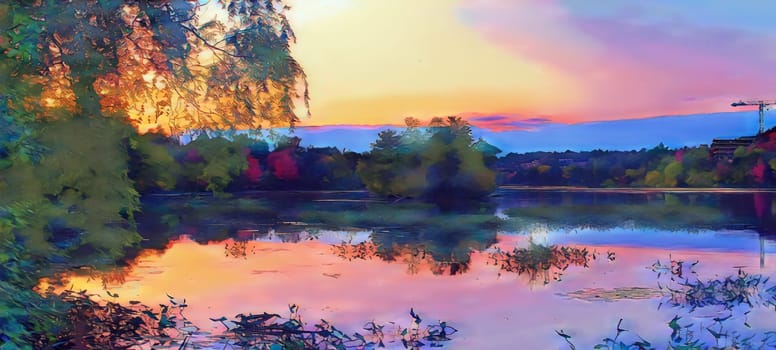 sunset river calm water natural panorama scenic landscape Sherbrooke river landscape painting Quebec Canada panoramic riverside Eastern Townships tourism destination illustration